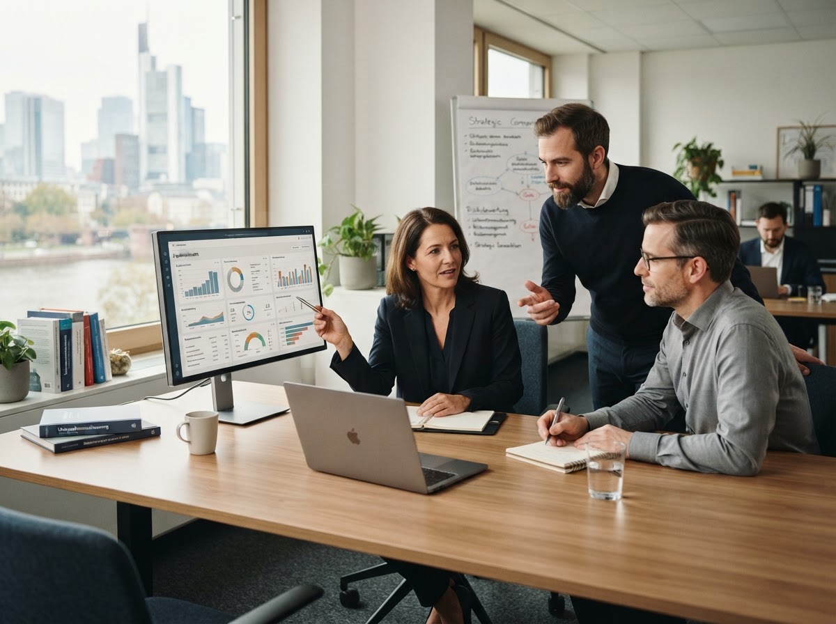 Amortfolios analyst reviewing predictive portfolio models on a workstation